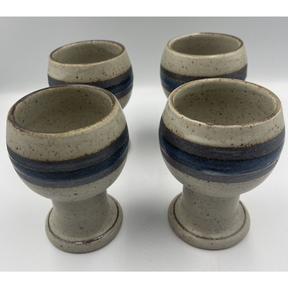 Otagiri Stoneware Goblets with Blue and Cream Stripes